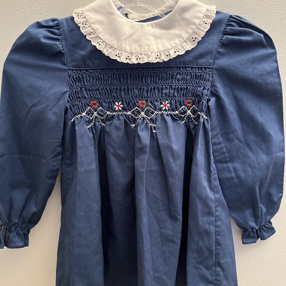 Vintage Girls Size 4 Princess Anne Smocked Collar Long Sleeve Navy Blue Easter